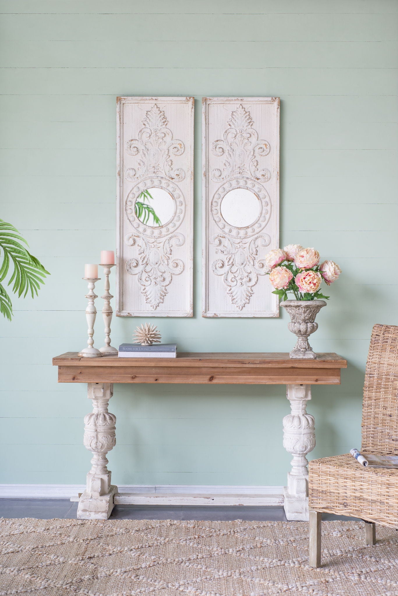 Large Wooden Wall Art Panels With Distressed Round Mirror Accents (Set of 2) - White