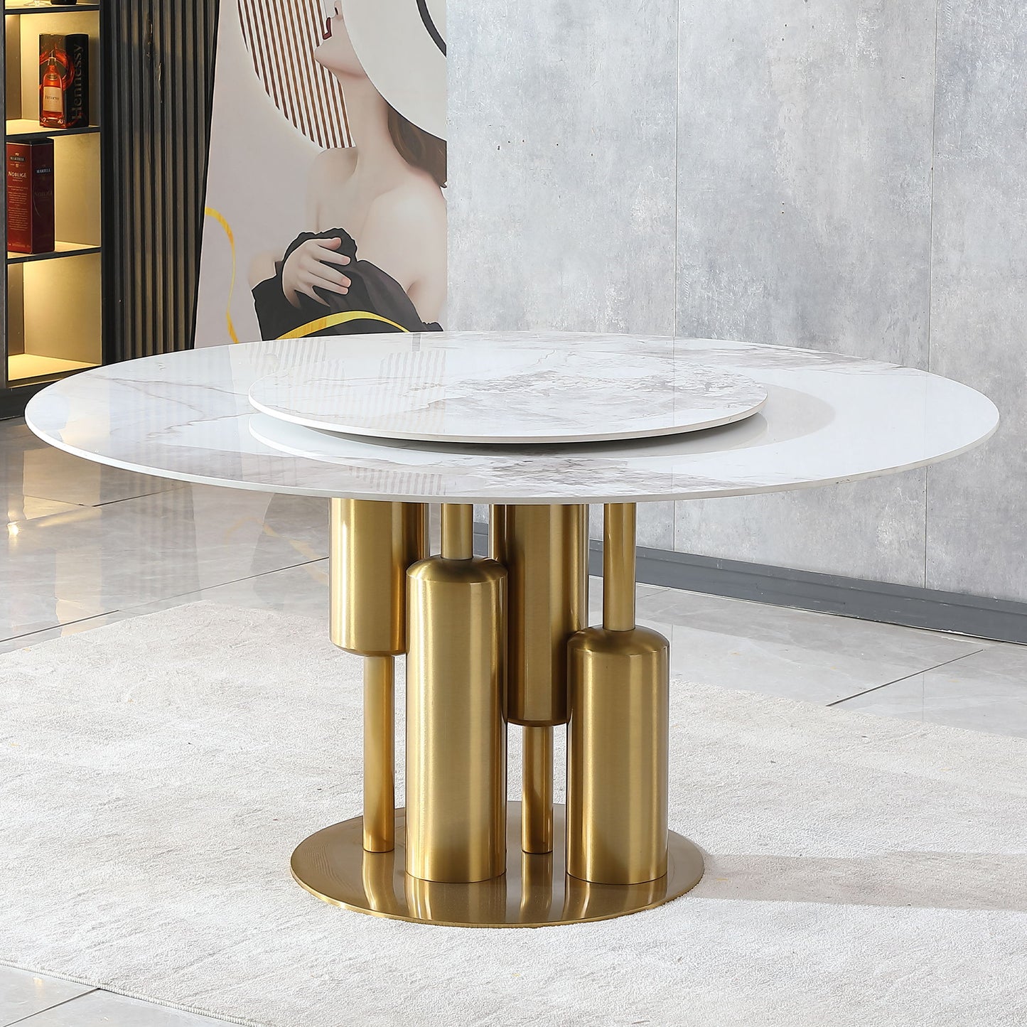 Round Sintered Stone Table, Modern Marble Dining Table (Table Only) - Gold / White
