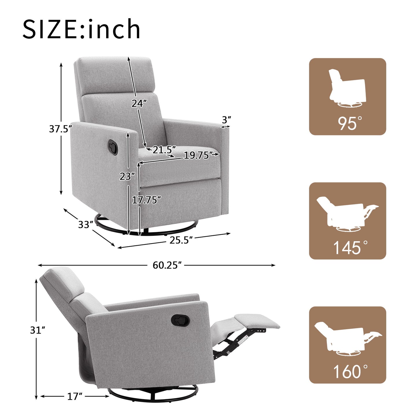 Modern Upholstered Rocker Nursery Chair Plush Seating Glider Swivel Recliner Chair