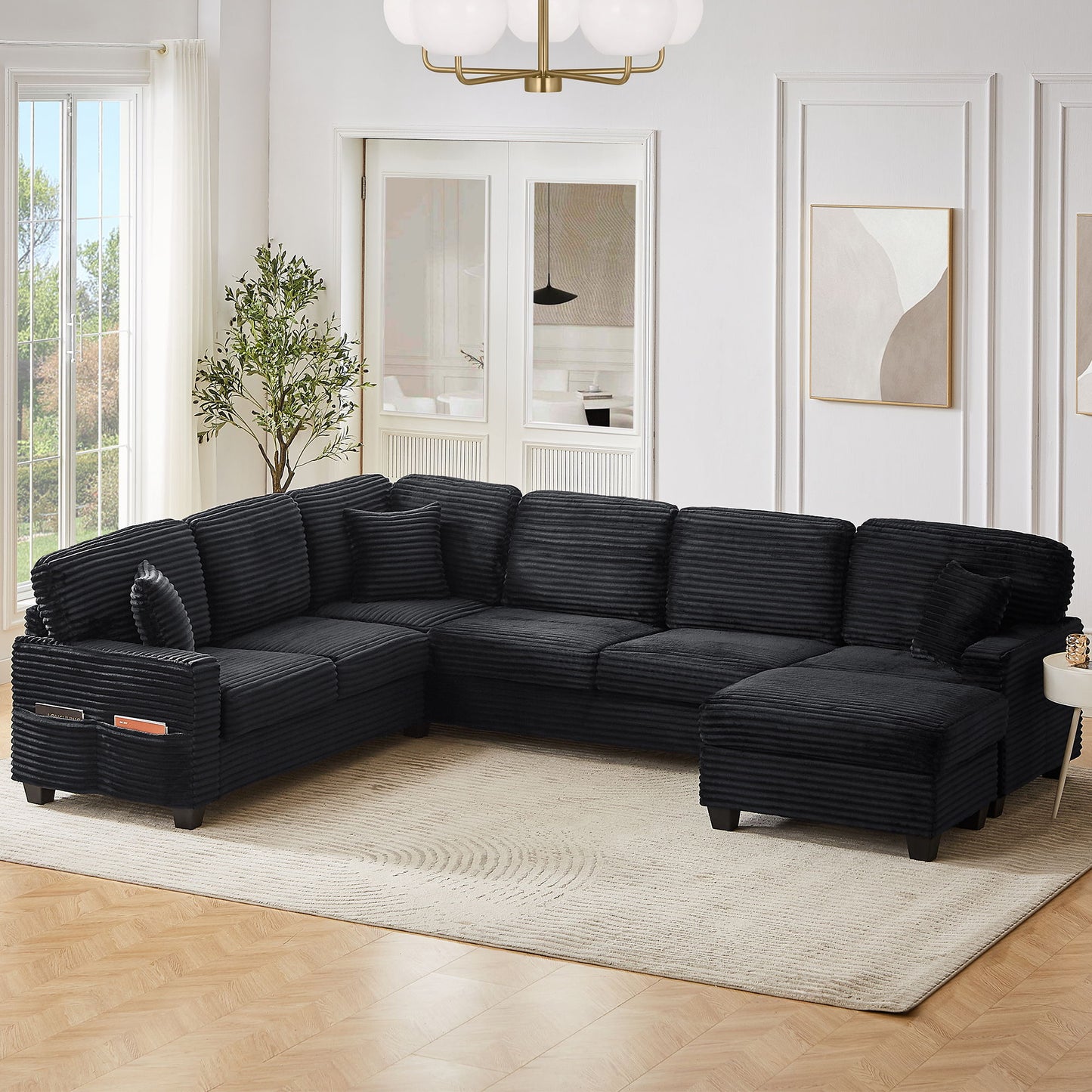 Upholstered U-Shaped Sectional Sofa With Movable Ottoman And Side Storage Pockets