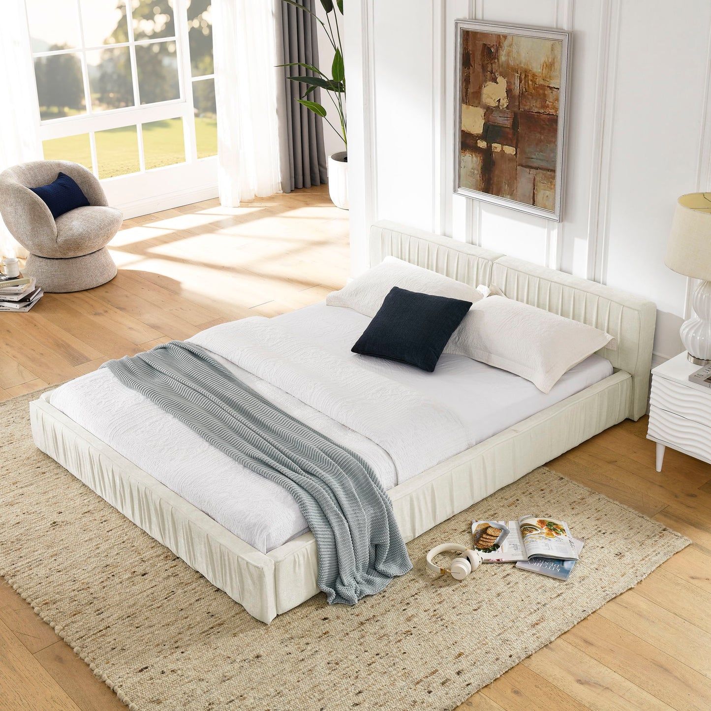 Modern Upholstered Platform Bed Frame With Pleated Design