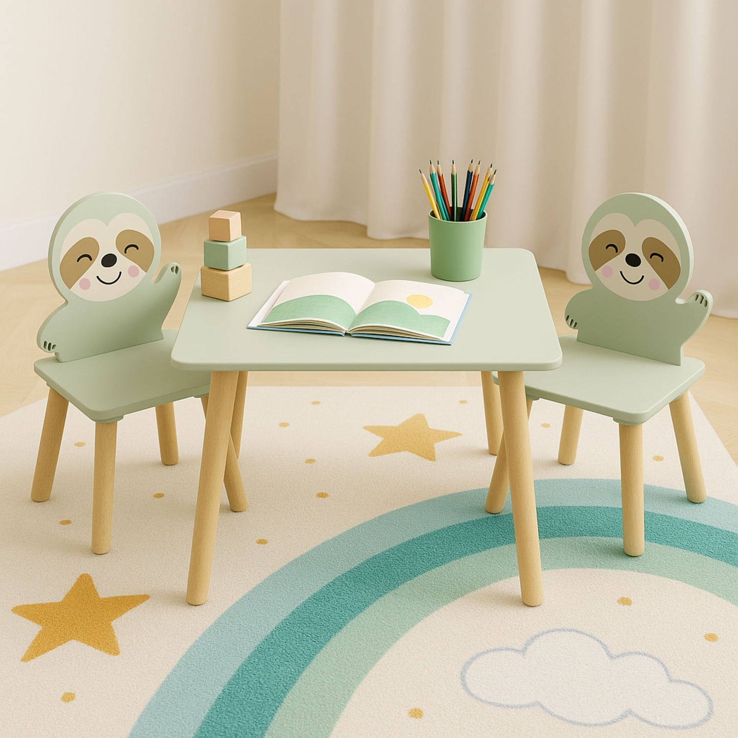 Sloth Themed Table And Chair Set With 2 Cute Animal Chairs - Natural Wood / Sage Green