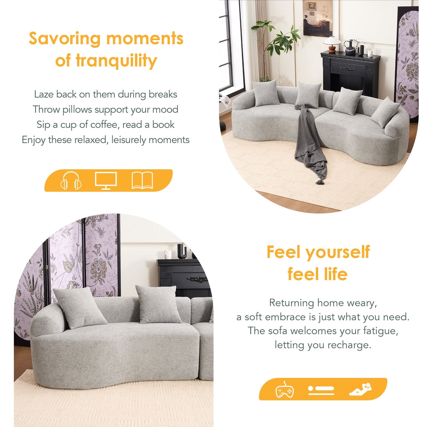 4 Seater Sofa With Chenille Fabric, 30D, 60 Hardness Full Sponge, 4 Pillow For Living Room, Home Furniture Sleeper Sectional Sofa For Apartment