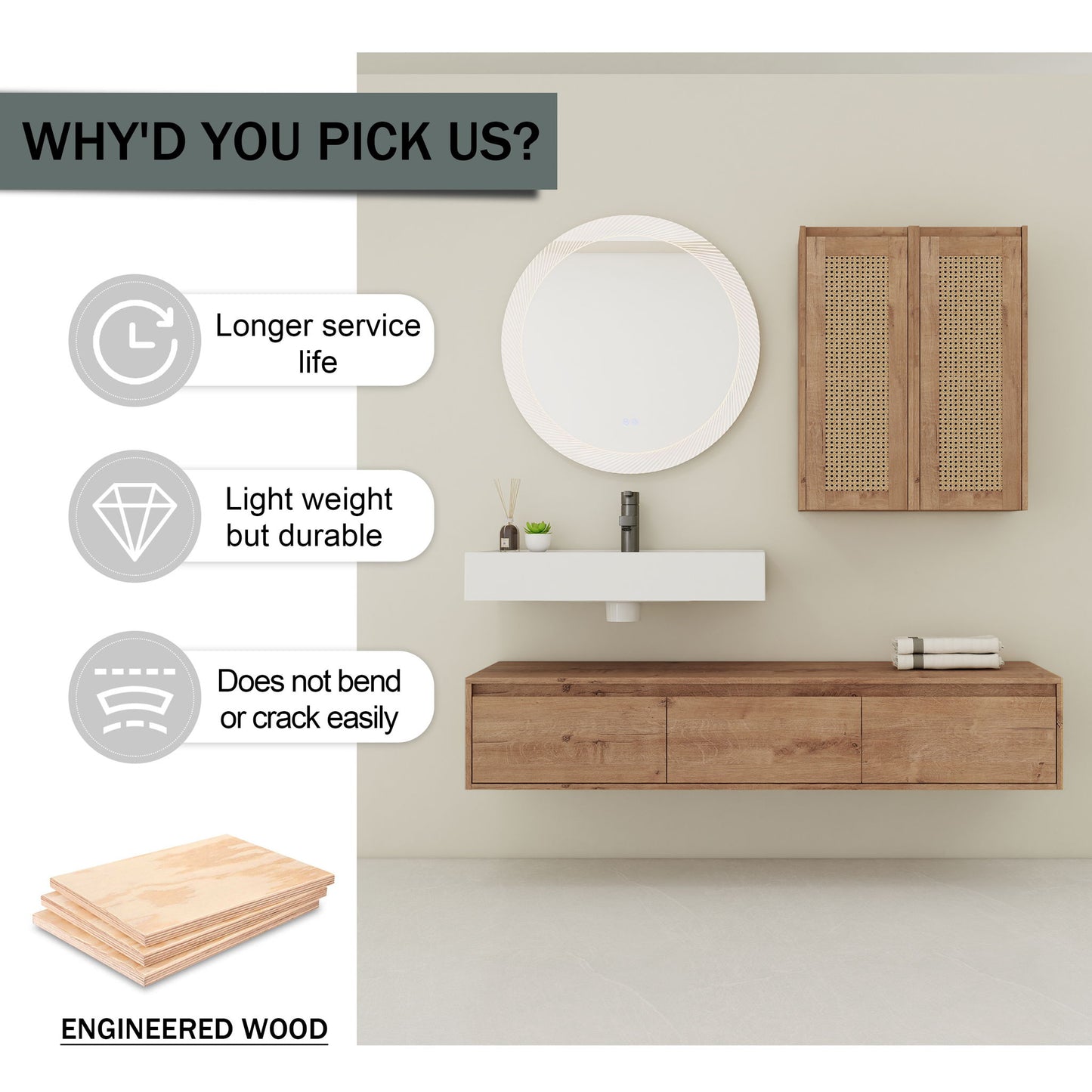 Modern Wall Mounted Bathroom Vanity With Resin Sink And 2 Side Cabinet, Imitative, Construction - Imitative Oak