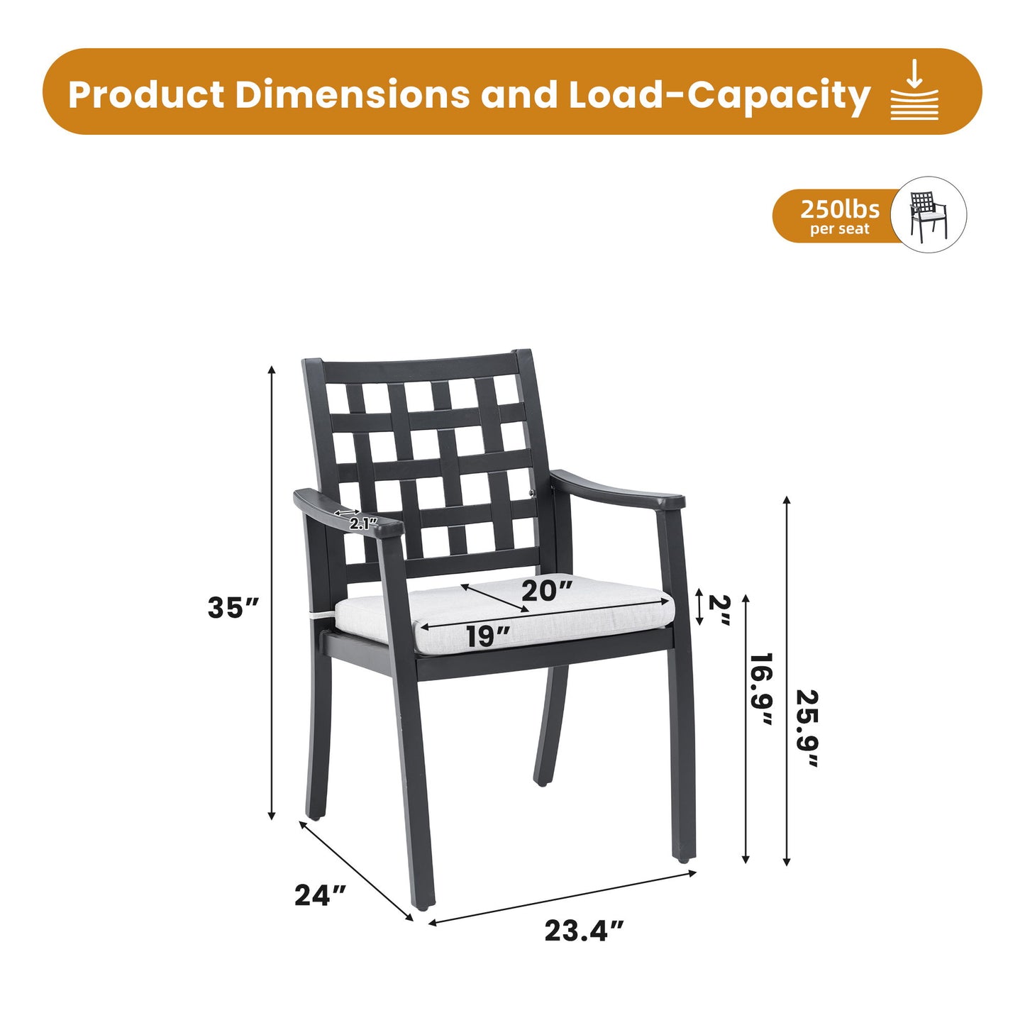 Cast Outdoor Patio Dining Chairs, Ergonomic Lattice Backrest Design, Sunbrella Cushion, Weather Resistant And Durable (Set of 2) - Ember Black
