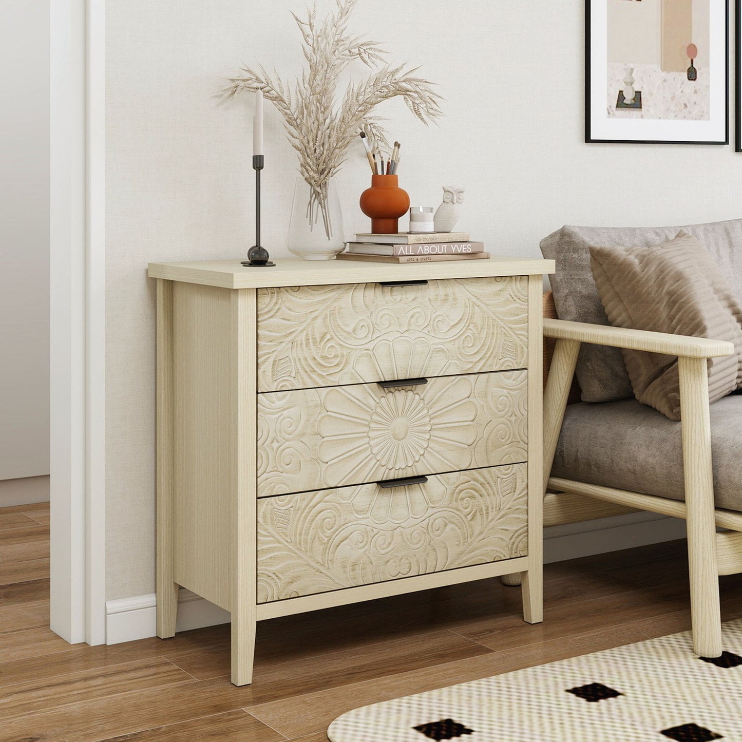 3 Drawer Cabinet, American Furniture, Suitable For Bedroom, Living Room, Study - Natural