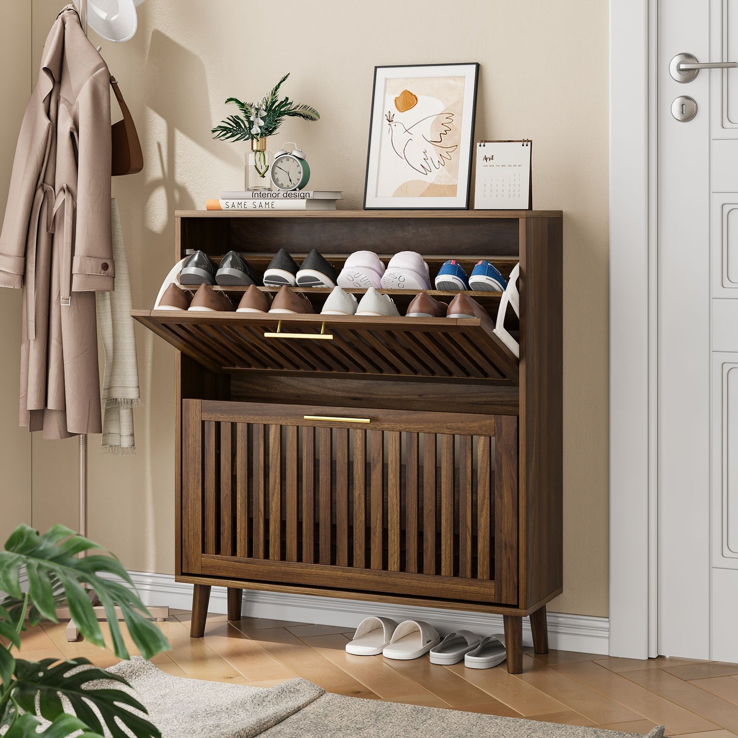 Medieval Modern Shoe Cabinet With 2 Flip Drawers And Fence Design