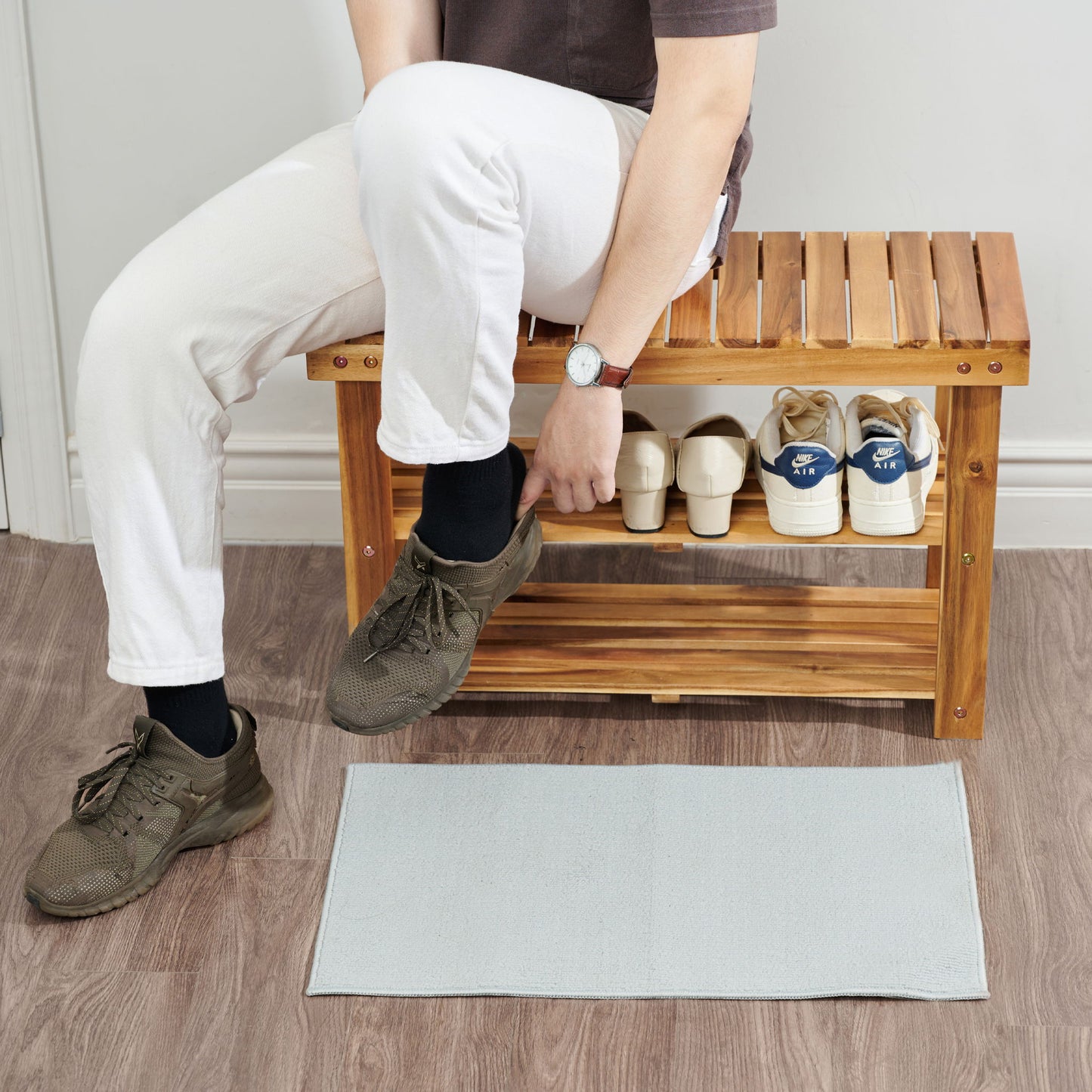 Shoe Rack Bench, 2 Tier Organizer For Entryway - Acacia Wood