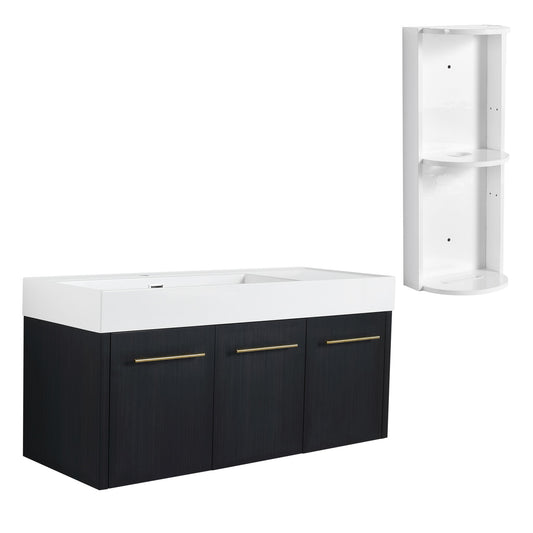 Modern Chestnut Wall Mounted Bathroom Vanity With Left Resin Sink And Storage Rack - Black Chestnut