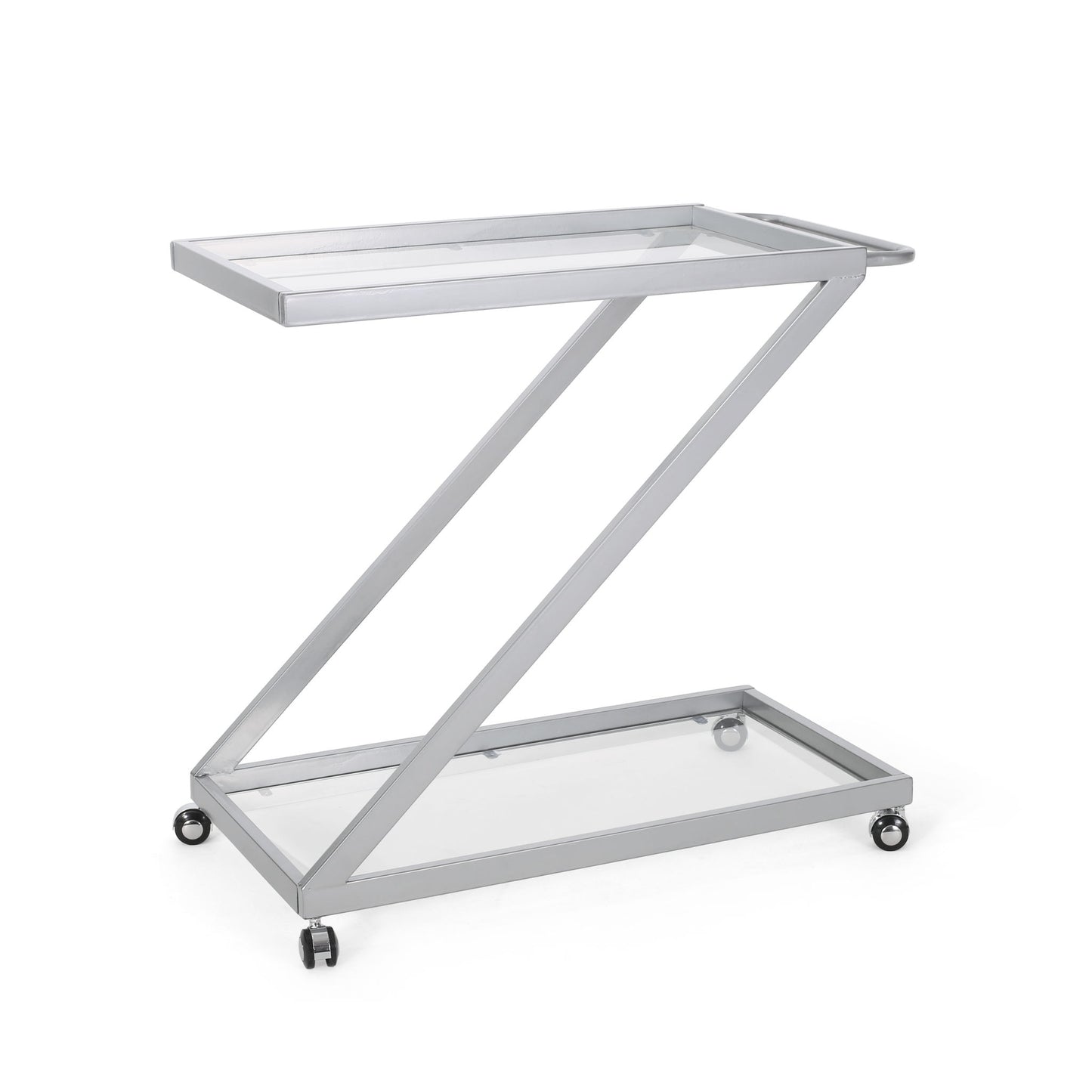 Modern Z Shaped Bar Cart With Tempered Glass Shelves - Silver