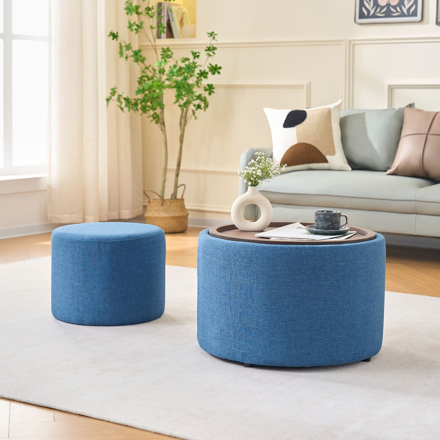 Nesting Ottomans, Round Coffee Table & Bench With Tray (Set of 2)