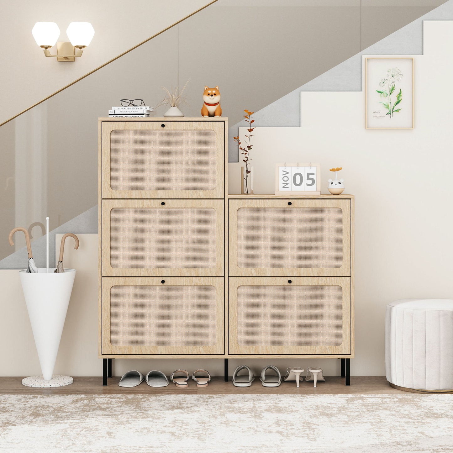 Modern Rattan 5 Door Shoe Storage Cabinet For Entryway Freestanding Design - Natural