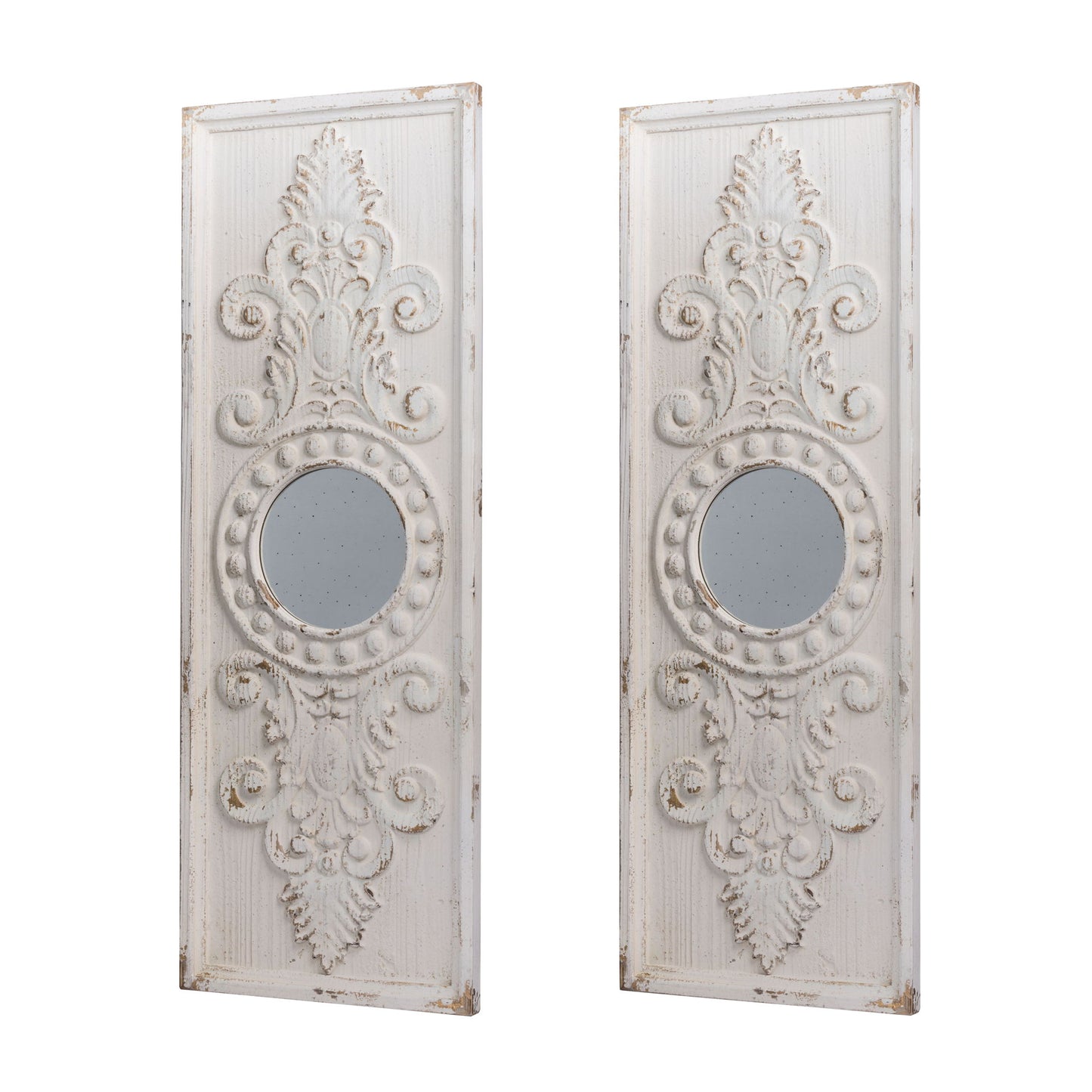 Large Wooden Wall Art Panels With Distressed Round Mirror Accents (Set of 2) - White