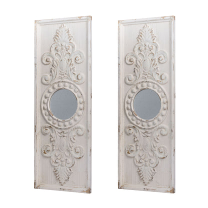Large Wooden Wall Art Panels With Distressed Round Mirror Accents (Set of 2) - White