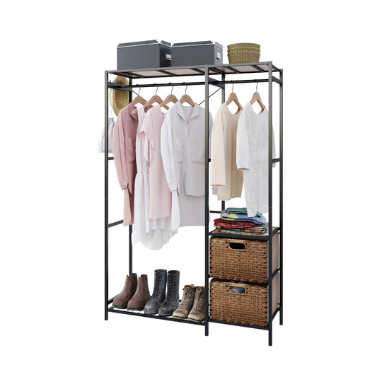 Garment Rack With Shelves, 2 Wicker Drawers, 4 Hooks, Organizer