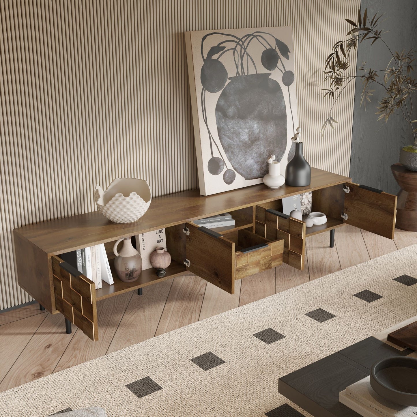 TV Stand, L Shaped Handle Entertainment Console With Storage - Natural