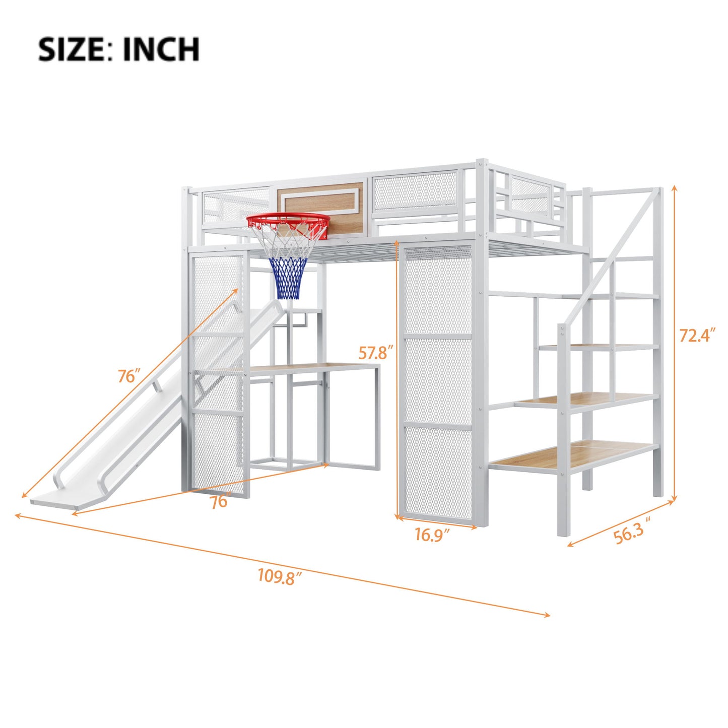 Loft Bed With Built In Desk, Open Wardrobe, Basketball Hoop, Slide And Staircase