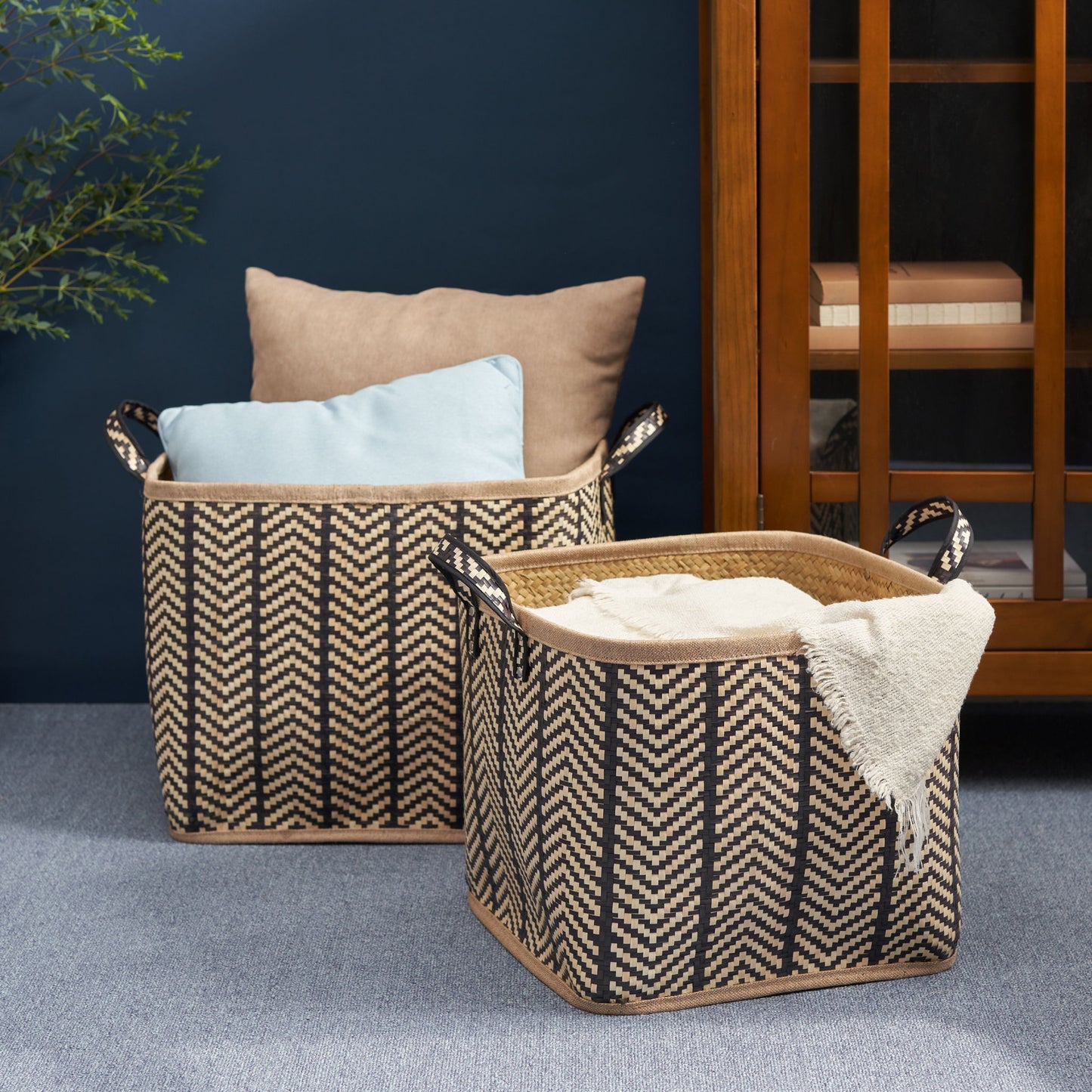 Square Palm Leaf Woven Wicker Storage Basket With Handles (Set of 2) - Back / Brown