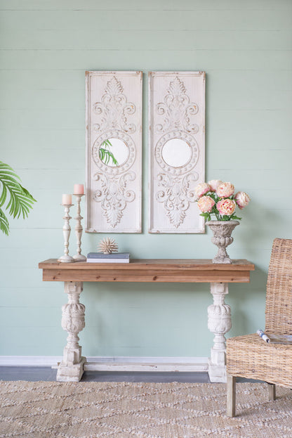 Large Wooden Wall Art Panels With Distressed Round Mirror Accents (Set of 2) - White