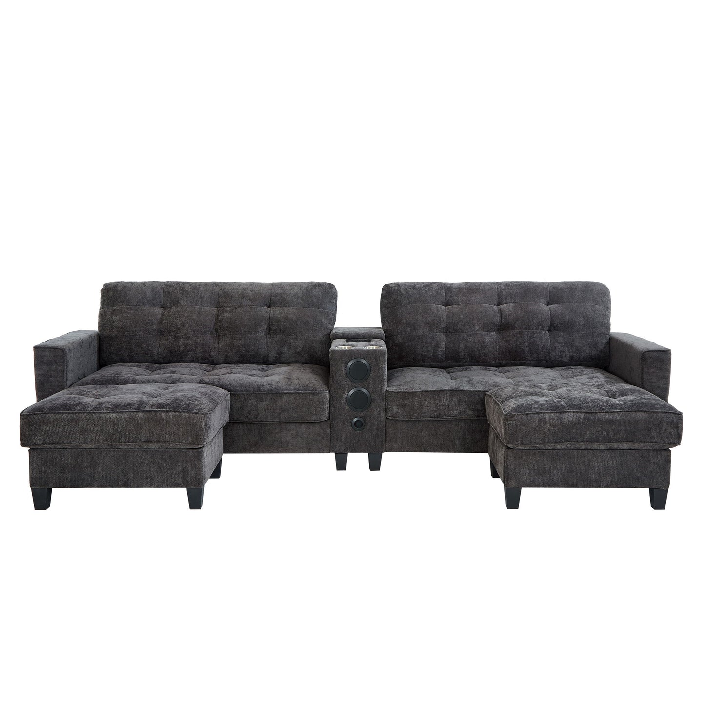 Modern Sectional Sofa U-Shaped With Movable Ottomans, Bluetooth Speakers, LED Lights And Modular Storage