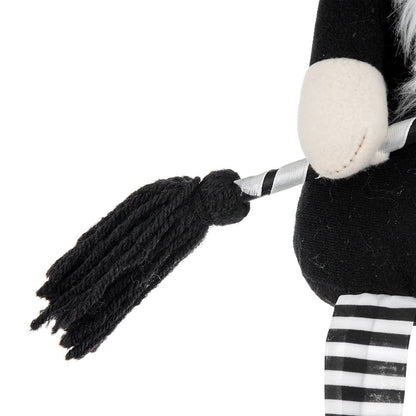 Sitting Gnome With Broomstick & Long Legs, For Halloween Decor - Black White