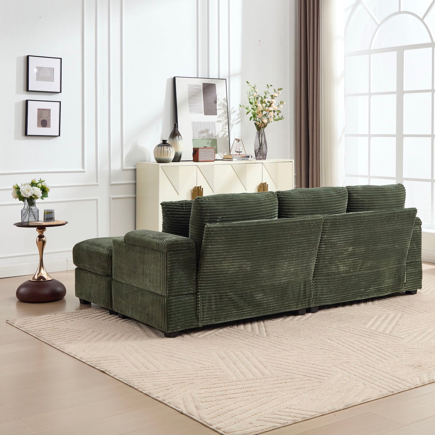 Convertible Sectional Sofa Bed Set With Armrest Storage, Cup Holder, USB, 4 Seater - Green