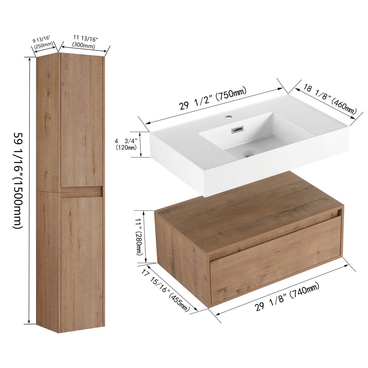 Modern Wall Mounted 30 Inch Bathroom Vanity With Resin Sink And 2 Side Cabinet In Imitative - Imitative Oak