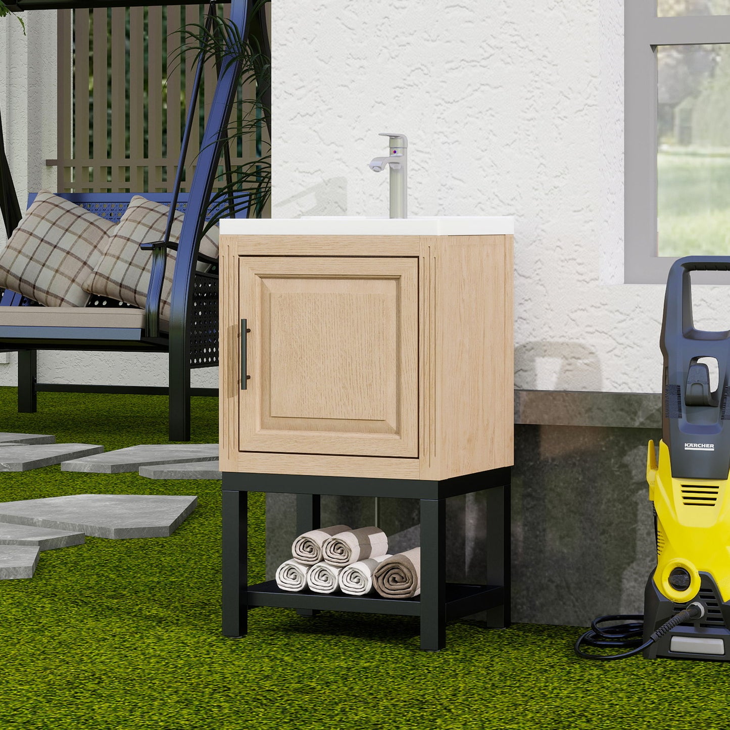 Modern Freestanding Bathroom Vanity With Ceramic Sink, Hot And Cold Faucet, 1 Door Cabinet & Open Shelf