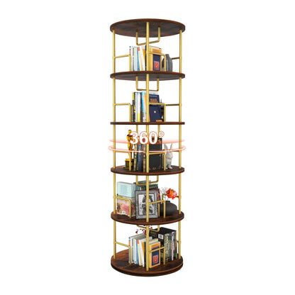 5 Tier 360 Rotating Bookshelf, Display Round Floor Standing Swivel Bookcase For Bedroom - Golden
