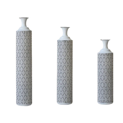 Modern Floor Vase Set Metal Vases With Geometric Pattern, 3 Piece Home Decor Set - White / Black