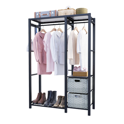 Garment Rack With Shelves, 2 Wicker Drawers, 4 Hooks, Organizer