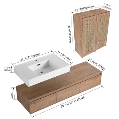 Modern Wall Mounted Bathroom Vanity With Resin Sink And 2 Side Cabinet, Imitative, Construction - Imitative Oak