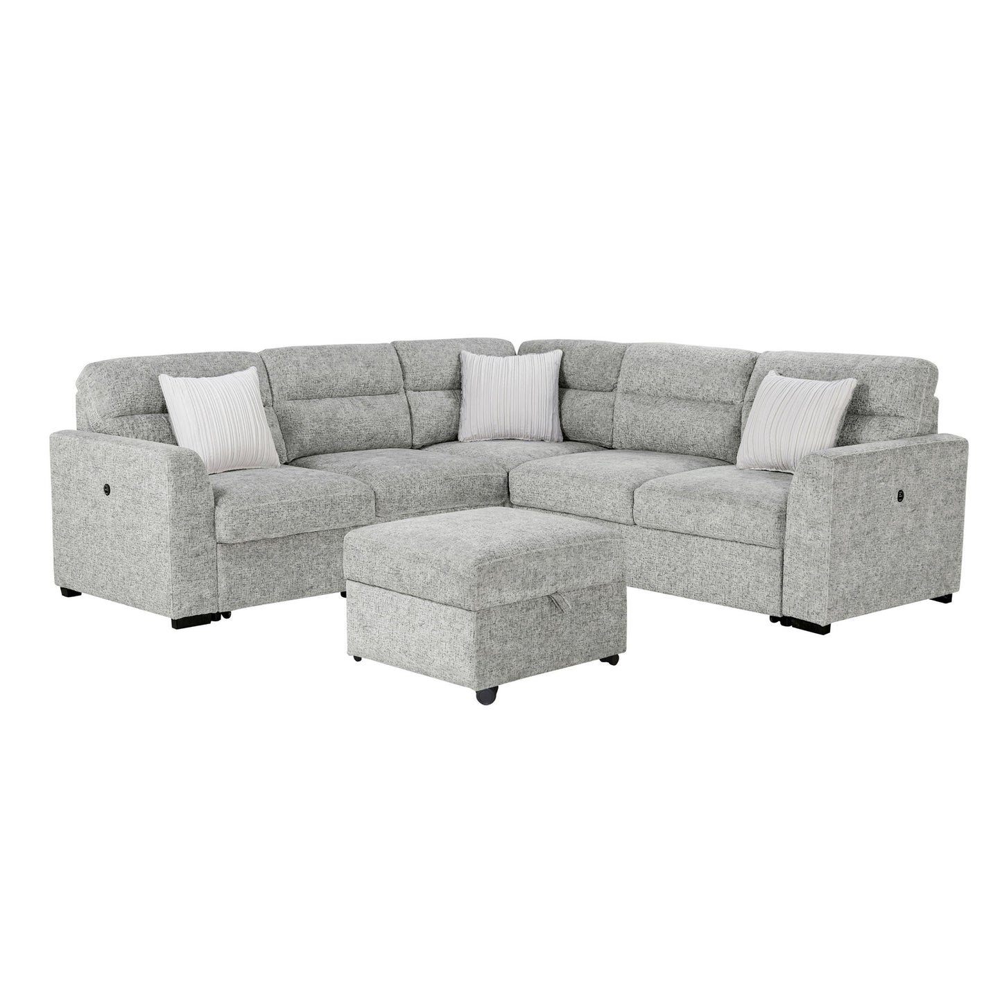 Emiliano - Sectional Sofa With 3 Pillows And Storage Ottoman - Nickel