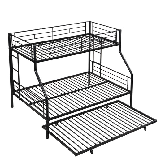 Twin Over Full Modern Metal Bunk Bed With Trundle - Black