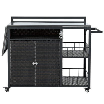 Outdoor Kitchen Island With Storage, Cooking Station, Grill Cart, Foldable Tabletop, And Bottle Opener - Dark Brown