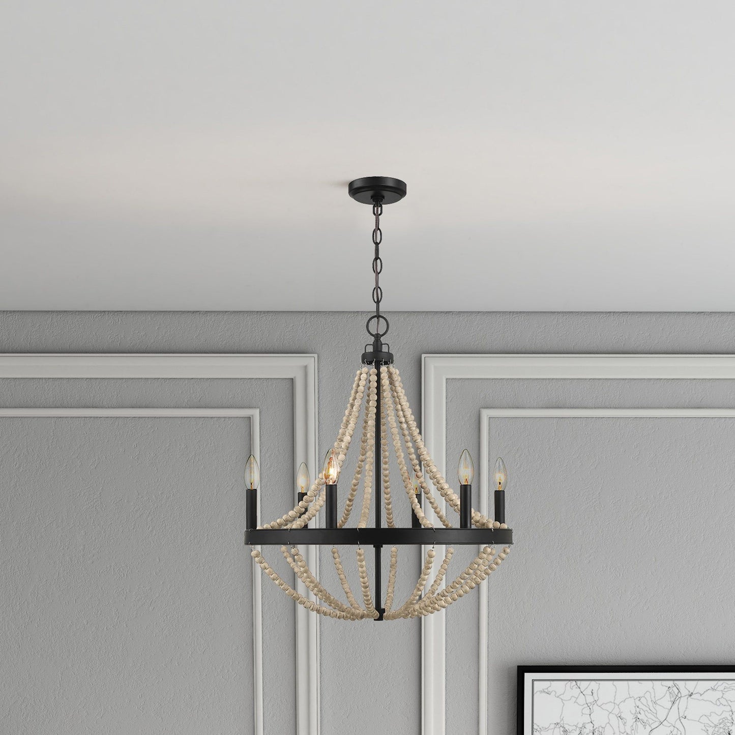 Starry - Chandelier Farmhouse Six Candle Light Wood Beaded Pendant Light For Dining Room - Black / Clear