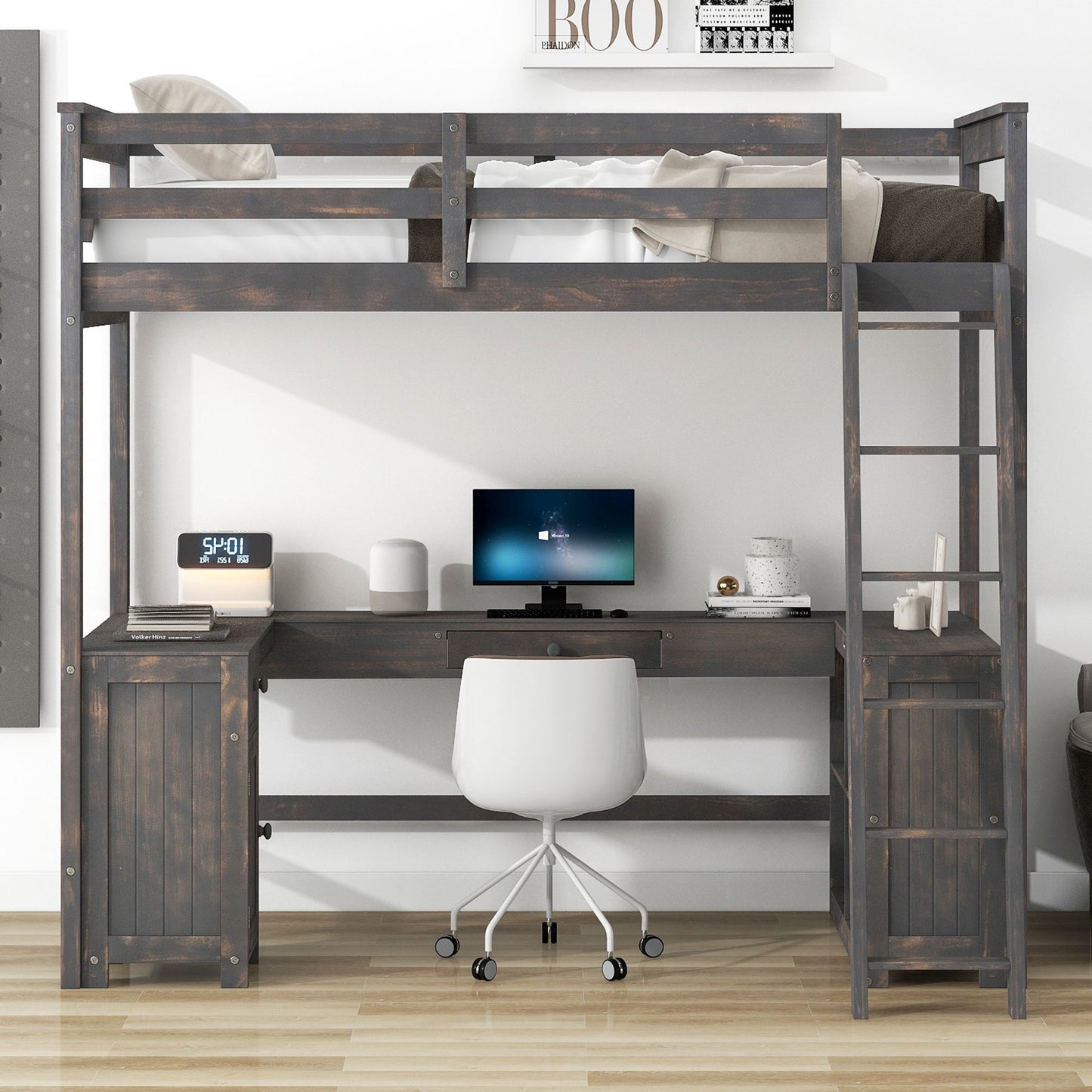 Loft Bed With U-Shaped Desk, Drawers, And Storage Shelves