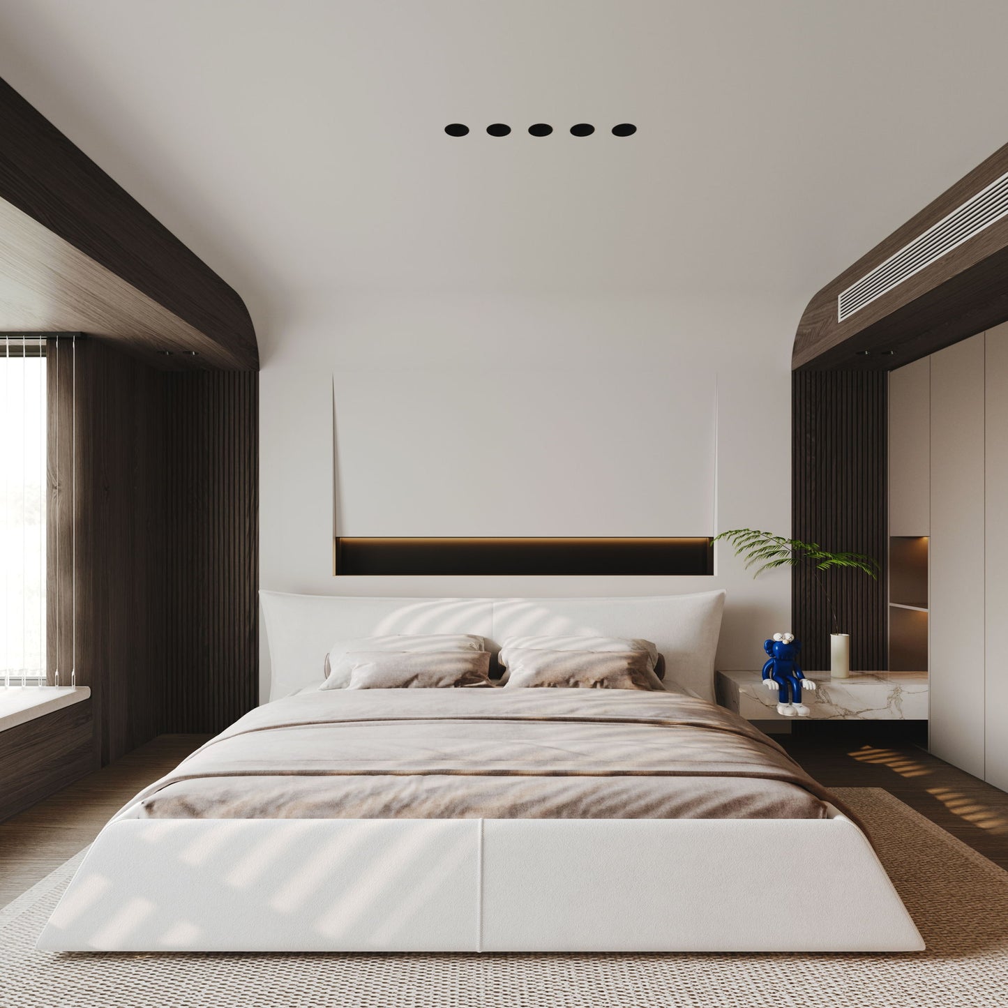 King Size Platform Bed With Special-Shaped Headboard - Cream