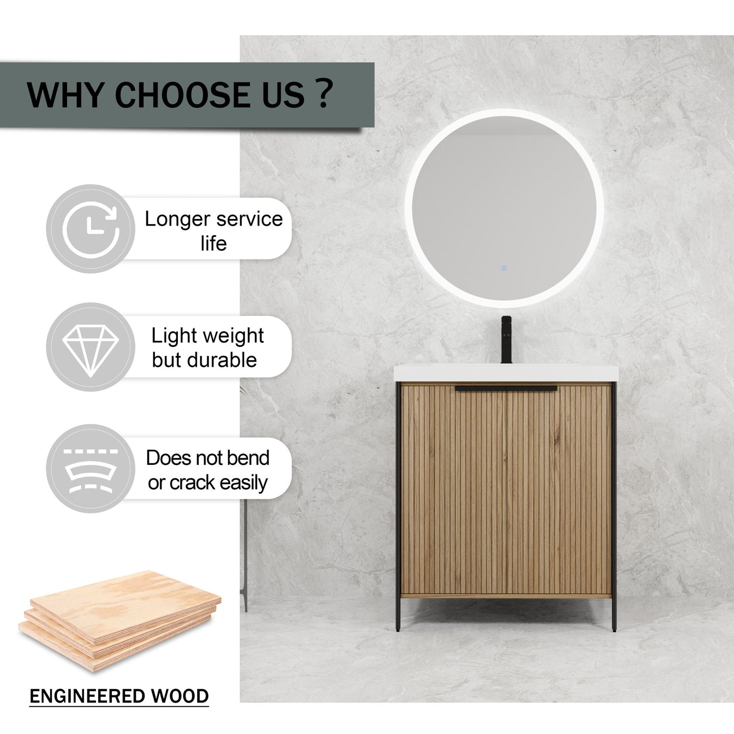 Modern Freestanding Bathroom Vanity With Resin Sink & Soft Close Cabinet Doors