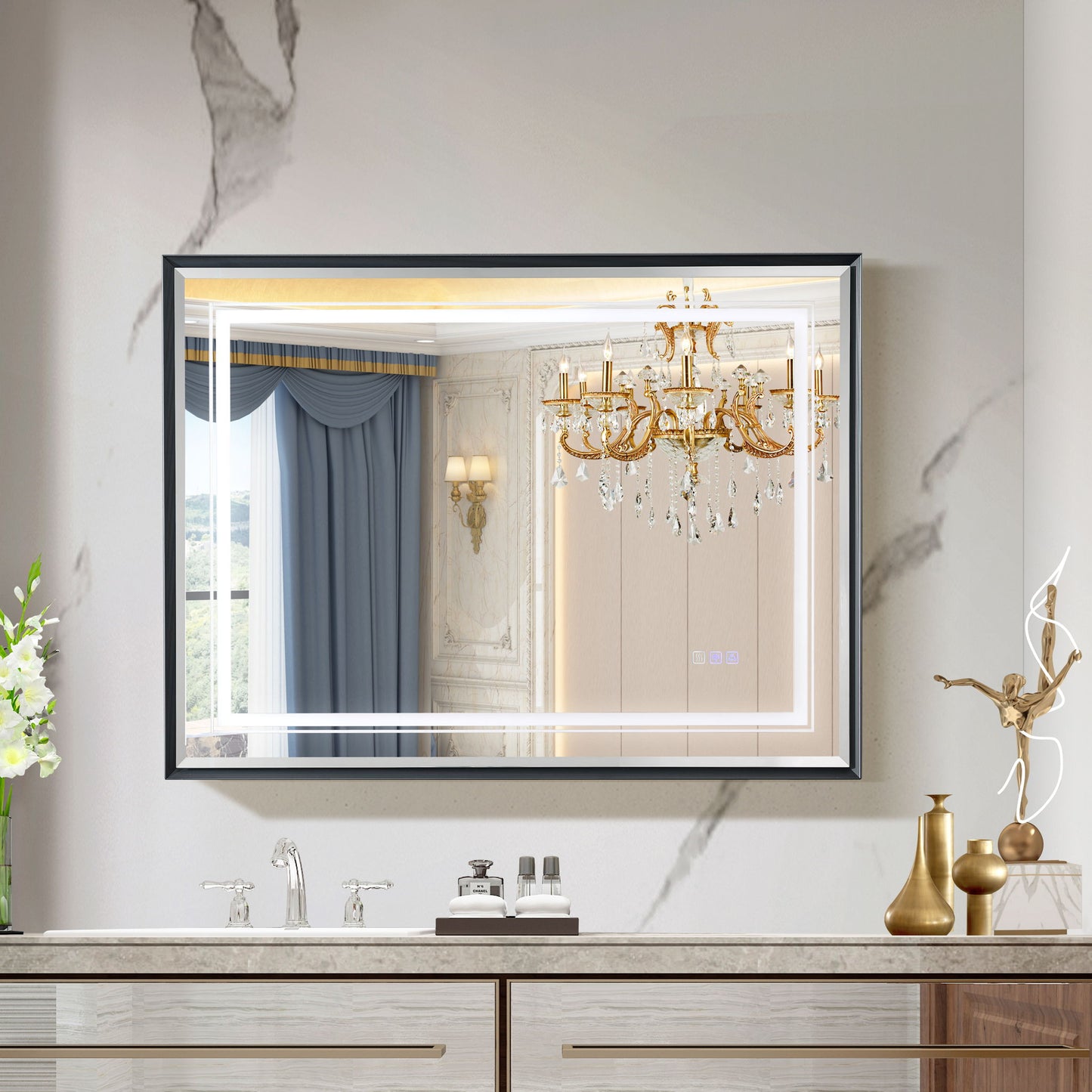 LED Bathroom Beveled Mirror, 3000 - 6000K Gradient Front And Backlit LED Mirror For Bathroom, 3 Colors Dimmable, Ip54 Enhanced Anti Fog