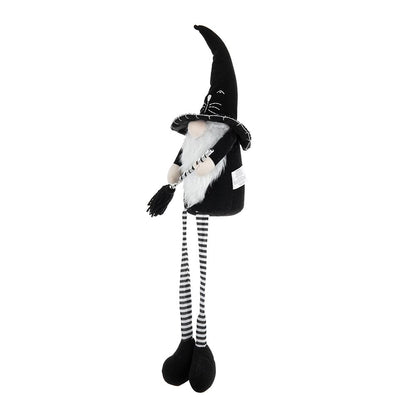 Sitting Gnome With Broomstick & Long Legs, For Halloween Decor - Black White
