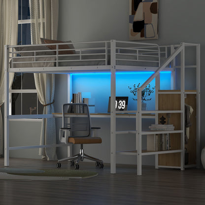 Loft Bed With Desk, Storage Staircase, Small Wardrobe And LED Light