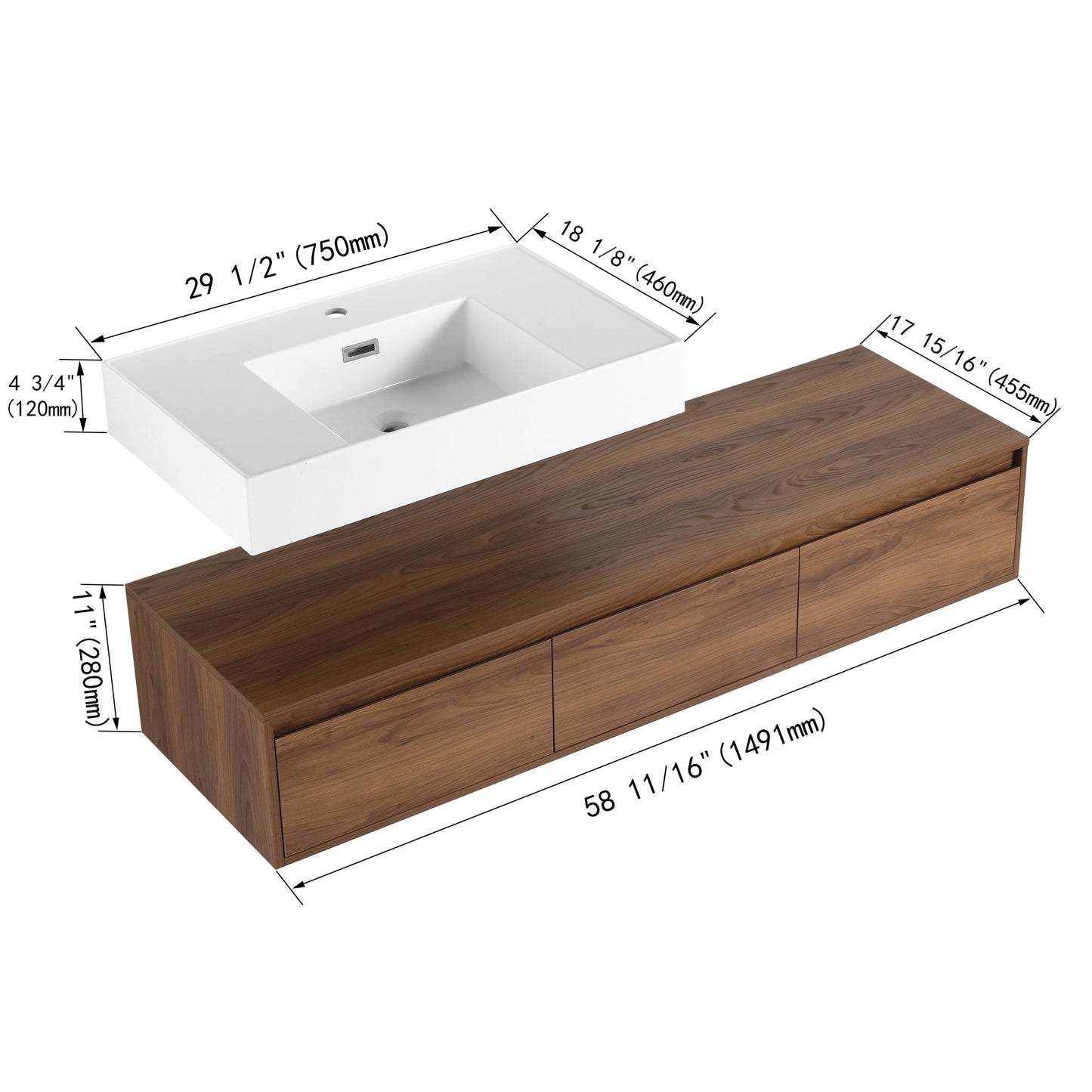 Modern Wall Mounted Bathroom Vanity With Resin Sink And Soft Close Drawer