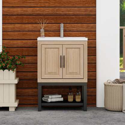 Modern Freestanding Bathroom Vanity With Ceramic Sink, Hot And Cold Faucet, Storage Cabinet & Open Shelf