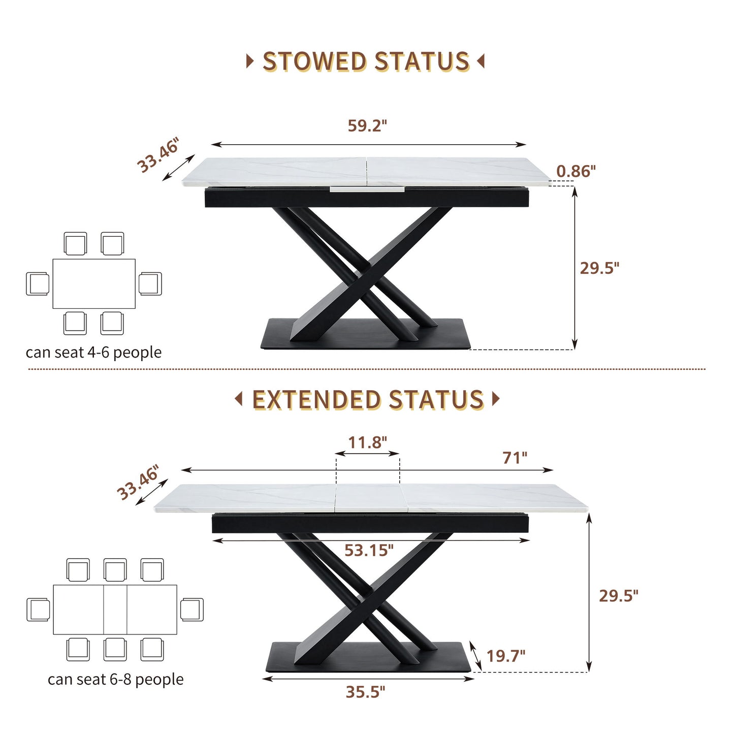 Dining Table With Geometric X Frame For Kitchen Or Dining Room - White Marble