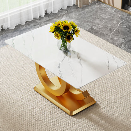 Modern Minimalist Rectangular Dining Table For 6 - 8 People With Brackets And Aureate Base - Gold