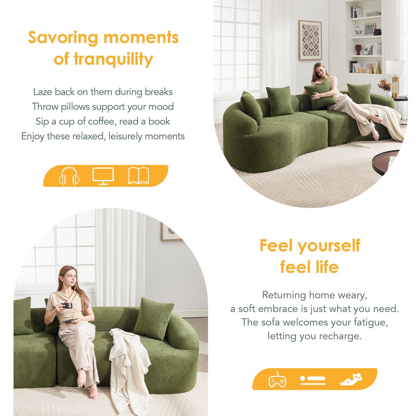 4 Seater Sofa With Chenille Fabric, 30D, 60 Hardness Full Sponge, 4 Pillow For Living Room, Home Furniture Sleeper Sectional Sofa For Apartment