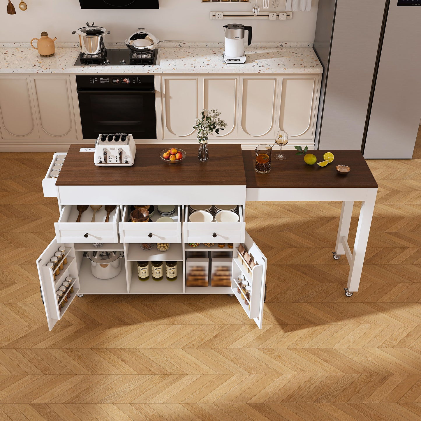 Modern Kitchen Island With Extendable Dining Table & Power Outlet - White