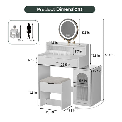 White Vanity Desk With 360° Rotated Mirror And Adjustable Lights, Girls Makeup Vanity Table With Storage Chair And Side Cabinet - Antique White