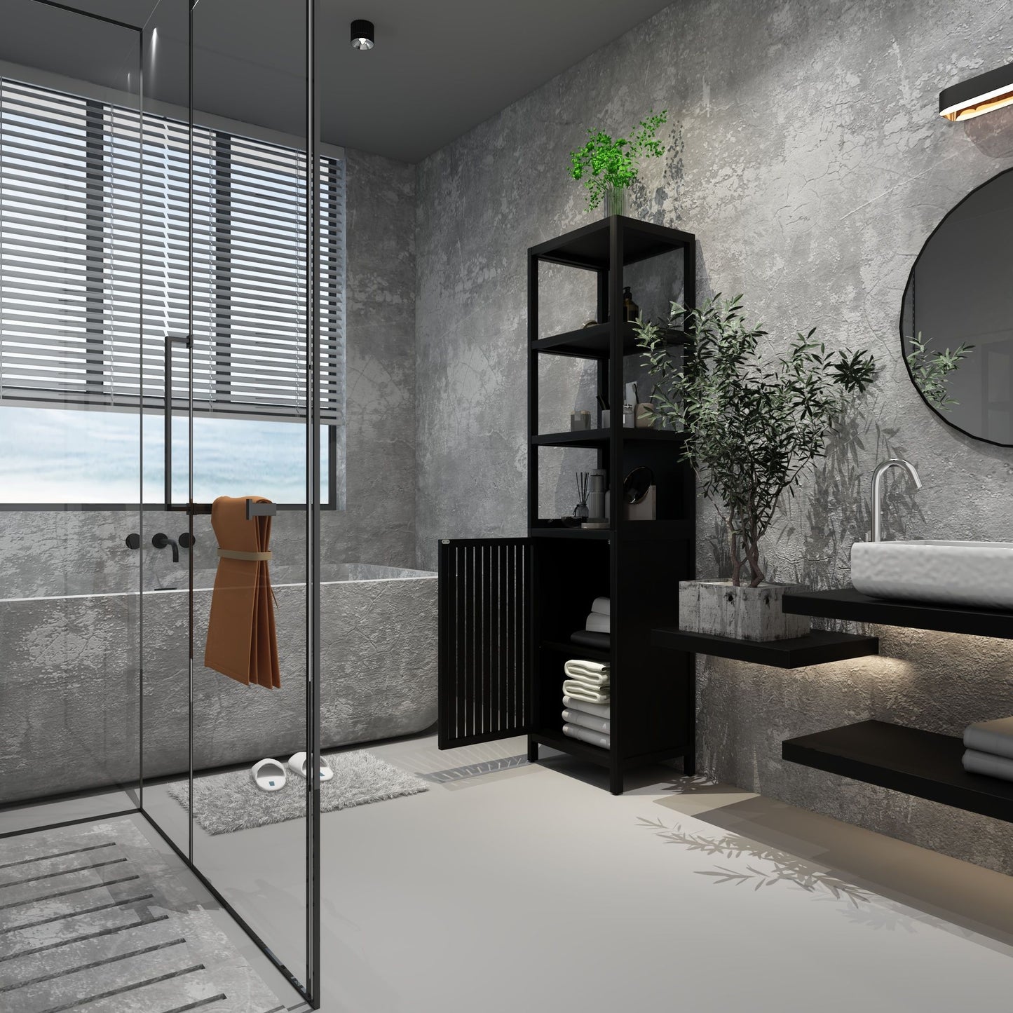 Storage Cabinet With Tall Linen Tower, Multifunctional For Bathroom